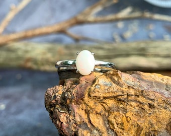 Sterling Silver solitaire 8x6mm White Opal ring