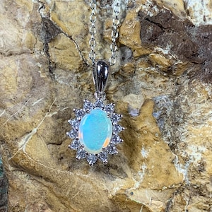 Sterling Silver Natural White Opal pendant Necklace in cluster setting with opal 7x5mm
