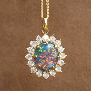 GOLD OPAL NECKLACE | Yellow Gold over Sterling Silver Natural Opal Halo Pendant | Gold Australian Opal Cluster Pendant