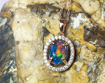 Rose Gold Sterling Silver Opal Pendant Necklace – Cubic Zirconia Halo