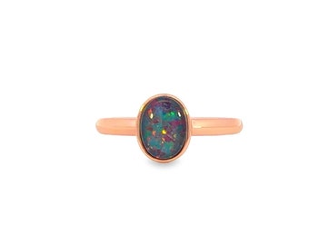 Natural Triplet Opal Ring for Women - Rose Gold Plated, Sterling Silver - Dainty Blue & Silver Opal Jewelry