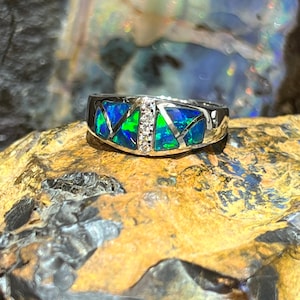 14kt Yellow Gold Natural  Opal Inlay & Diamond Ring - Elegant Gold Opal Ring for Women - Perfect Gift for Her - Opal Jewelry Ring