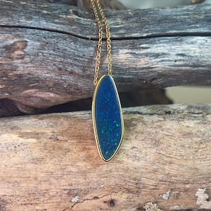 Gold Birthstone Necklace. Gold plated Long freeform Opal doublet slider necklace. Perfect gift for her