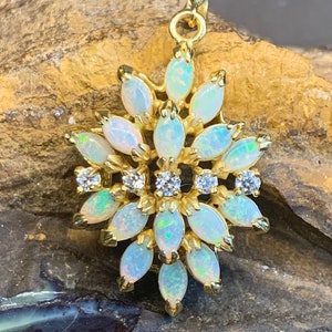 Yellow Gold plate over Sterling Silver Natural White Opal Flower Pendant Necklace | Floral Statement Necklace for Birthstone jewellery