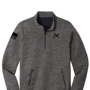 May include: A gray and black quarter-zip pullover sweatshirt with a black logo on the chest and a black and white American flag on the left sleeve. The sweatshirt has a zippered pocket on the left side.