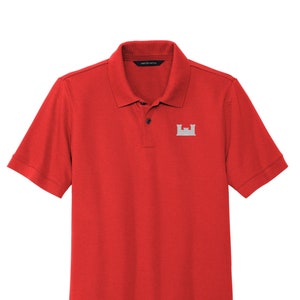 May include: A red short-sleeved polo shirt with a small gray embroidered logo on the left chest.