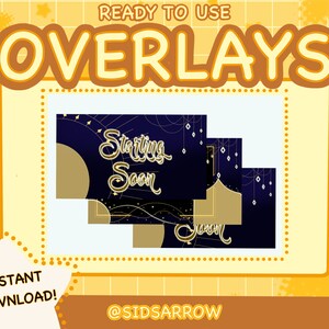 Puede incluir: Superposiciones digitales con un tema celestial, con un fondo azul marino con detalles dorados y las palabras "Starting Soon". El diseño incluye estrellas y luces colgantes. La imagen también incluye el texto "Ready to Use Overlays" y "Instant Download!"
