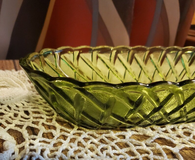 Vintage INDIANA GLASS Basket Weave Design Oblong Avocado Green Etsy