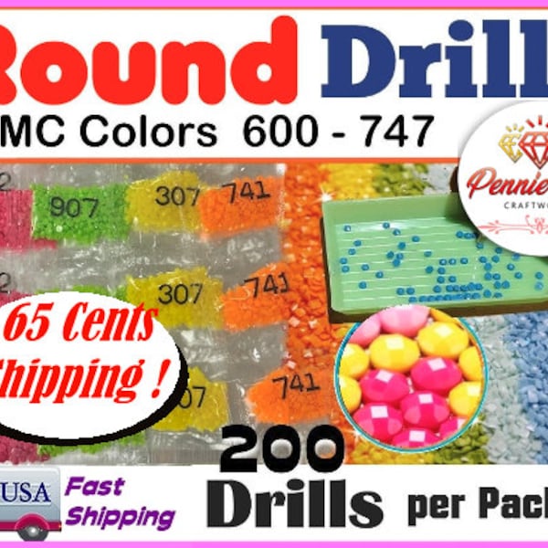 447 Colors Round Drills for Diamond Painting. DMC colors 600 - 747  approx.200 drills per bag  Ship from the USA, Quickly.