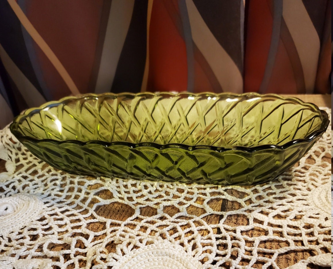 Vintage INDIANA GLASS Basket Weave Design Oblong Avocado Green Etsy