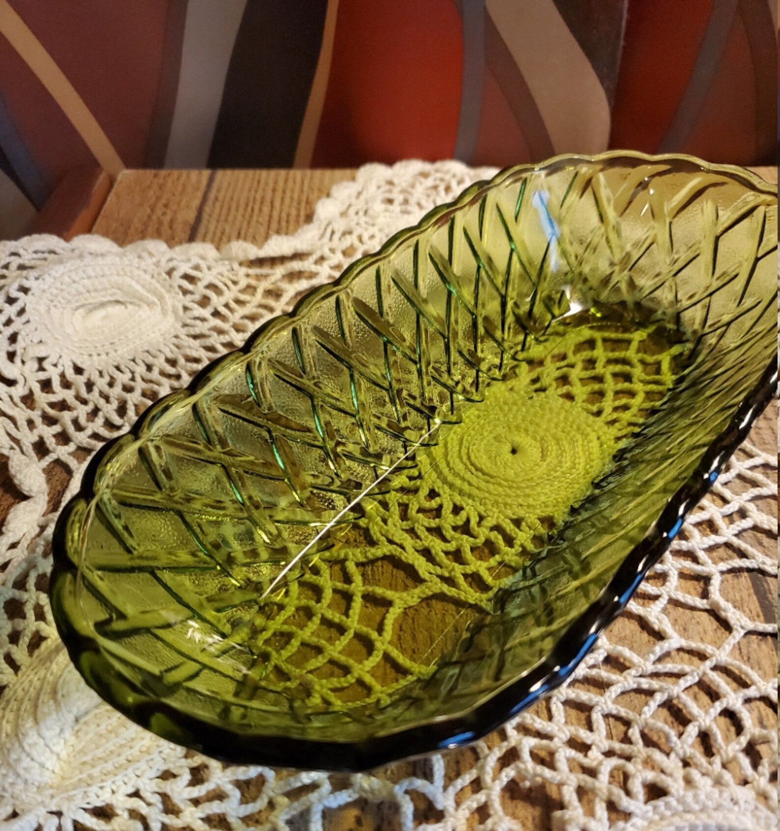 Vintage INDIANA GLASS Basket Weave Design Oblong Avocado Green Etsy