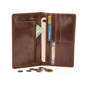 Cartera larga RFID con bolsillo con cremallera, de piel flor, con monograma de viaje, para hombre, regalo de aniversario personalizado, unisex.