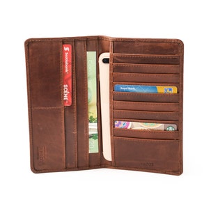 Cartera larga de piel de grano completo, billetera plegable alta con monograma de viaje RFID y compartimento para teléfono, regalos de aniversario de cuero personalizados para hombres