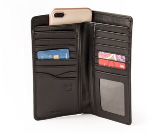 RFID Long Wallet With ID Slot, Full Grain Leather Travel Monogram Tall Bifold w Cash Compartment, Personalized Leather Anniversary Gifts Men