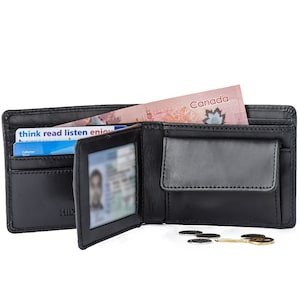 Cartera de cuero personalizada para hombre, billetera plegable de cuero de grano completo con bolsillo para cambio, protección RFID, regalos de aniversario, regalos para padrinos de boda con monograma