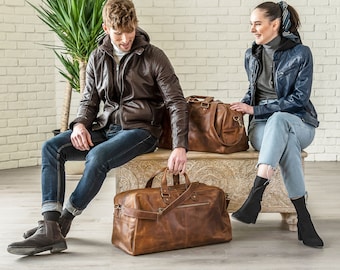 Personalized Leather Weekender Bag Men Women Leather Duffle Travel Carryon Custom Monogram Holdall Duffel Leather Anniversary Gift for Him