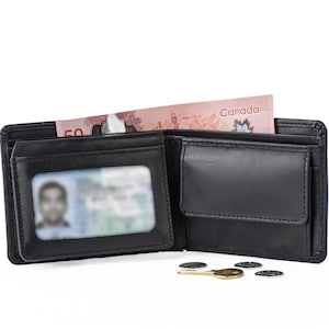 Portefeuille en cuir pour homme RFID, Portefeuille personnalisé en cuir pleine fleur pour homme, Portefeuille de voyage à deux volets avec poche pour monnaie, Monogramme cadeaux pour homme, Fait main