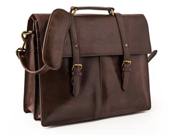 Maletín de piel para portátil de 17" para hombre, piel de grano completo curtida vegetalmente, personalizado, con funda para carrito, elegante y duradero, accesorio de oficina perfecto.