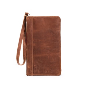 Porta pasaporte de piel flor, cartera de viaje personalizada de piel con cremallera y correa de muñeca, regalo de aniversario de piel, regalo para hombre