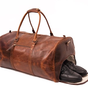 Sac polochon de voyage en cuir avec compartiment à chaussures, sac de week-end personnalisé en cuir pleine fleur, cadeau d'anniversaire en cuir pour lui