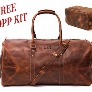 Sac de sport en cuir avec trousse de toilette gratuite, ensemble de voyage week-end en cuir pleine fleur, sac de sport personnalisé avec trousse de toilette, cadeau de Noël pour lui