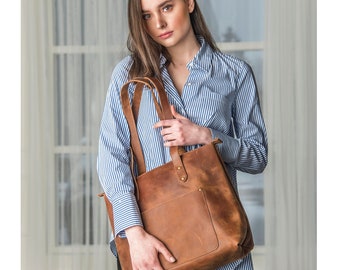 Leather Tote Bag For Women, Personalized Full Grain Leather Handbag Carryall Purse, Monogram Tote With Zipper, Christmas Gifts For Her
