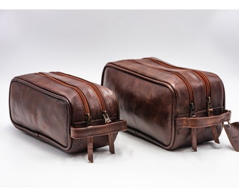 Kit Dopp personnalisé en cuir, Trousse de toilette en cuir monogrammée à deux compartiments pour homme, Étui de voyage, Cadeaux garçons d'honneur, Cadeaux fête des pères