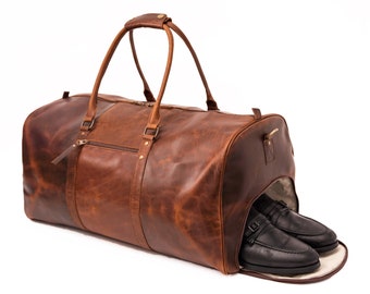 Leather Travel Duffel Bag with Shoe Compartment, Personalized Full Grain Leather Duffle Carryall Weekender, Leather Anniversary Gift For Him