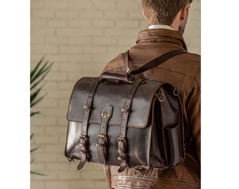 Maletín/Mochila de cuero para hombre, bolso bandolera personalizado de cuero de plena flor para portátil, mochila/maletín convertible, regalo de Navidad para él.