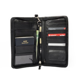 Cartera de cuero para pasaporte, billetera de viaje personalizada de cuero de grano completo con cremallera y correa para la muñeca, regalos de aniversario de cuero para él
