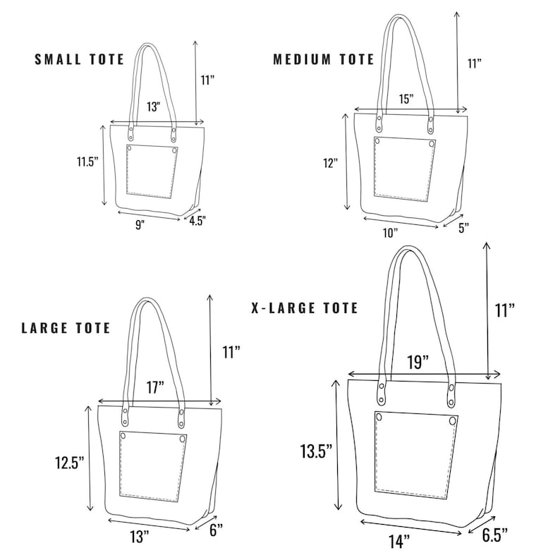 May include: Diagram showing four different sizes of tote bags with measurements in inches. The tote bags are all black and white line drawings. The tote bags have a pocket on the front. The sizes are small, medium, large, and x-large.