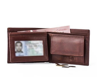 Portefeuille avec protection RFID, Portefeuilles en cuir personnalisés pour homme, Portefeuille à deux volets en cuir pleine fleur, Poche pour monnaie, Cadeaux pour homme Monogramme