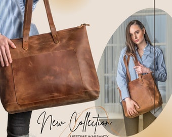 Sac fourre-tout en cuir personnalisé en cuir pleine fleur avec option de fermeture à glissière Sac monogramme sac à main pour femme Cadeaux de Noël pour elle