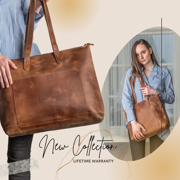 Leather Tote Bag Personalized Full Grain Leather Tote With Zipper Option Monogram Bag Purse Handbag For Women Christmas Gifts For Her