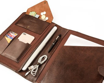 Leather Portfolio Laptop, Personalized Document Holder Men, Monogram Organizer Laptop Case, Graduation Gifts for Him, Fits 13" MacBook Pro