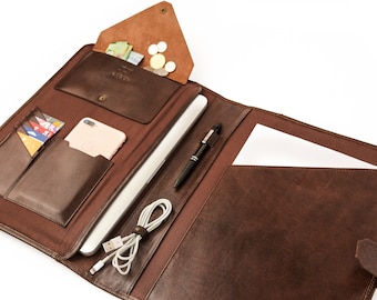 Leather Portfolio Laptop, Personalized Document Holder Men, Monogram Organizer Laptop Case, Graduation Gifts for Him, Fits 13" MacBook Pro