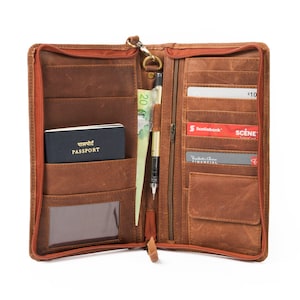 Portapasaporte de cuero con cremallera, billetera de viaje personalizada de cuero de grano completo con correa de muñeca extraíble, regalo de aniversario de cuero para él