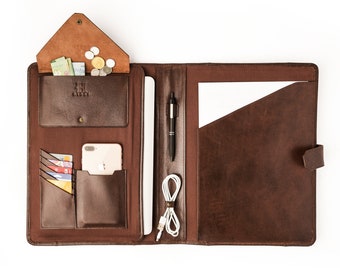 Skórzane portfolio dla mężczyzn, personalizowany organizer na dokumenty, teczka z monogramem, skórzany organizer na laptopa, prezenty firmowe, prezenty dla niego