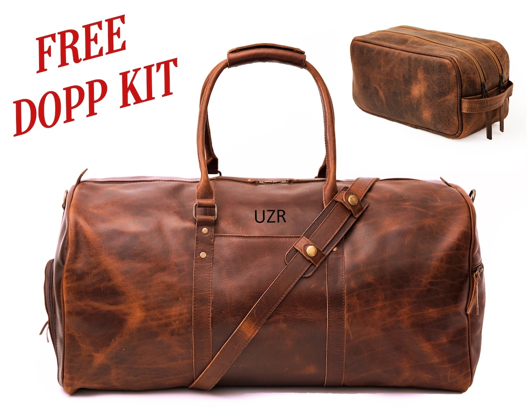 Leather Duffle Bag With Free Dopp Kit, Full Grain Leather Weekender Travel Set, Personalized