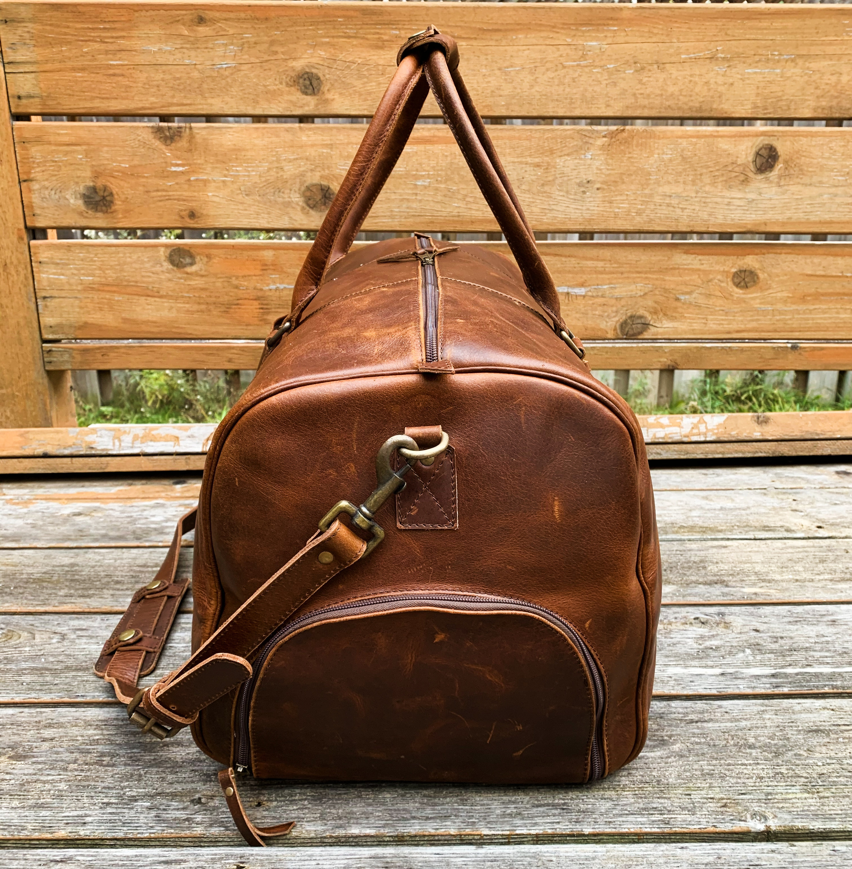 Premium Full Grain Leather Duffle Bag - Large Weekender Travel & Gym Bag For Men With Brass Hardware