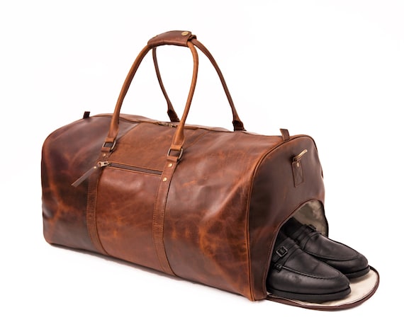 Personalized Full Grain Leather Duffle Bag with shoe Compartment