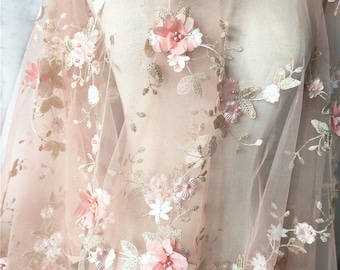 2 Colors 3d Pink Purple Chiffon Floral Embroidered Soft Tulle Lace
