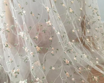 1 yard chic fresh Ivory tulle floral embroidery lace fabric pink green wedding lace bridal lace dress fabric veil lace 59" width