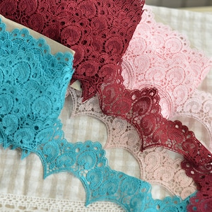 2 Yards Lace Trim pink wine red blue lolita Alice Exquisite Flower Floral Embroidered Scalloped Tulle bridal lace wedding lace 1.96&quot; width