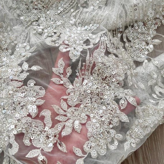 wedding dress beading supplies 1 set Fulled Silver Sequin Bead Pear Lace Fabric White Tulle Embroidery  Couture For Wedding Dress Veil Costume Supplies 51