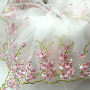 Lace Fabric White Organza Beautiful Pink Flower Embroidery Dress Couture Dress Prom Dress For Wedding Dress Veil Costume Supplies 51&quot; width