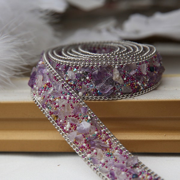 Lace trim rhinestone bead belt purple pearl exquisite embroidery wedding belt lace bridal belt lace dress fabric 0.78" width