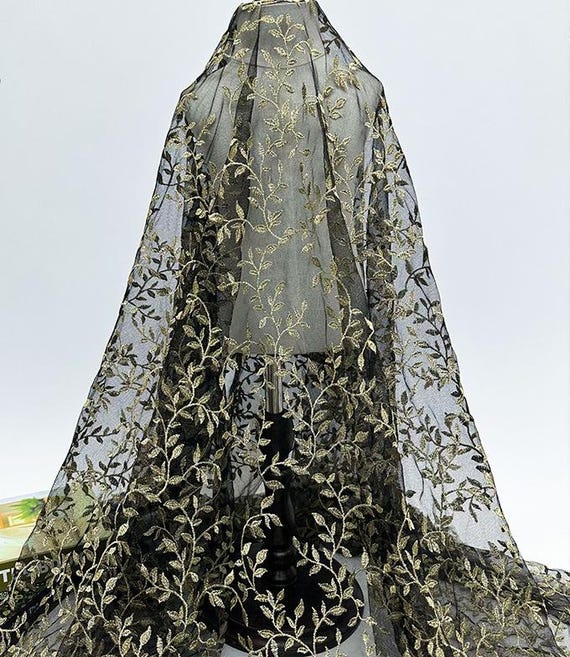 Black Tulle Gold Leaf Embroidered Lace Fabric Leaf Branch Black Lace Fabric  Wedding Dress Fabric Dress Veil Bridal Lace Fabric 51" Width - Etsy
