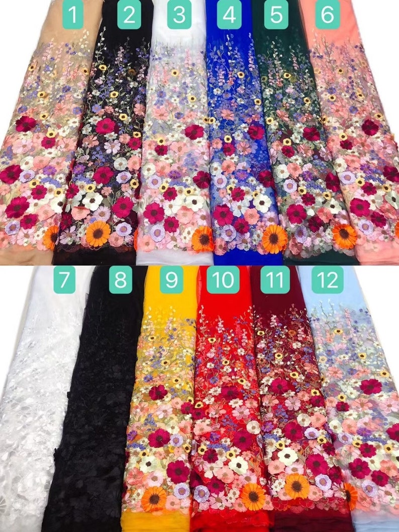 Tissu 3D en tulle brodé de fleurs denses multicolores colorés pour robe de mariée Tissu voile de mariée en dentelle 51 de large image 2