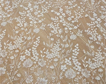 Sequins exquisite embroidery leaf floral soft white tulle fabric wedding lace bridal lace dress fabric high-class lace 51" width